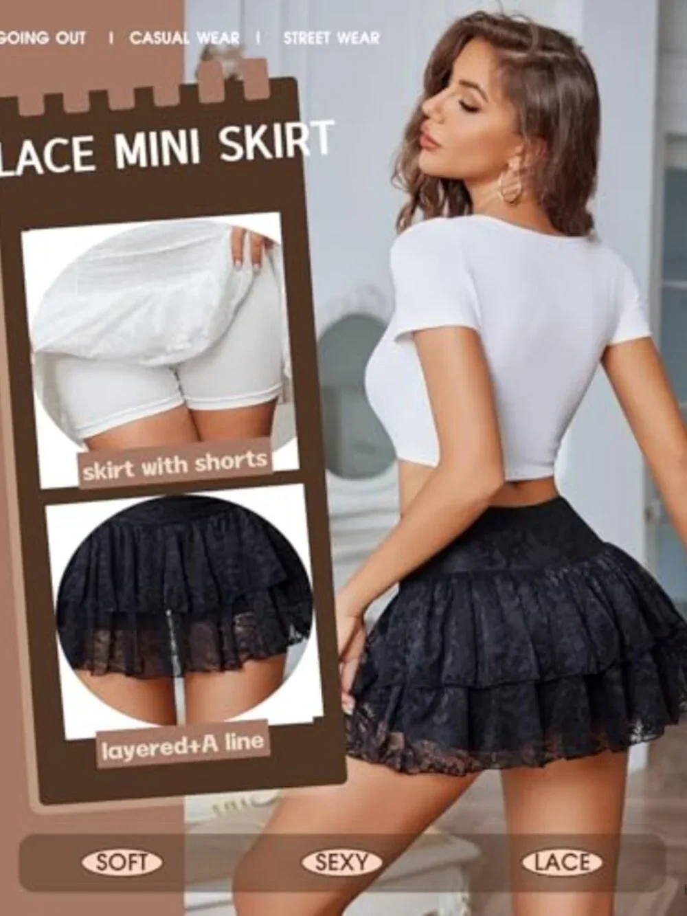 Y2K Lace Layered High Waist Ruffle Skort Mini Skirt with Built-in Shorts